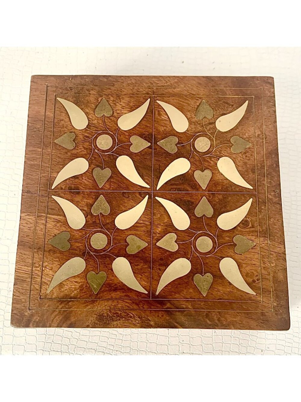 Handcrafted Wooden Box With Brass Inlays Decorative Lid Rustic Finish